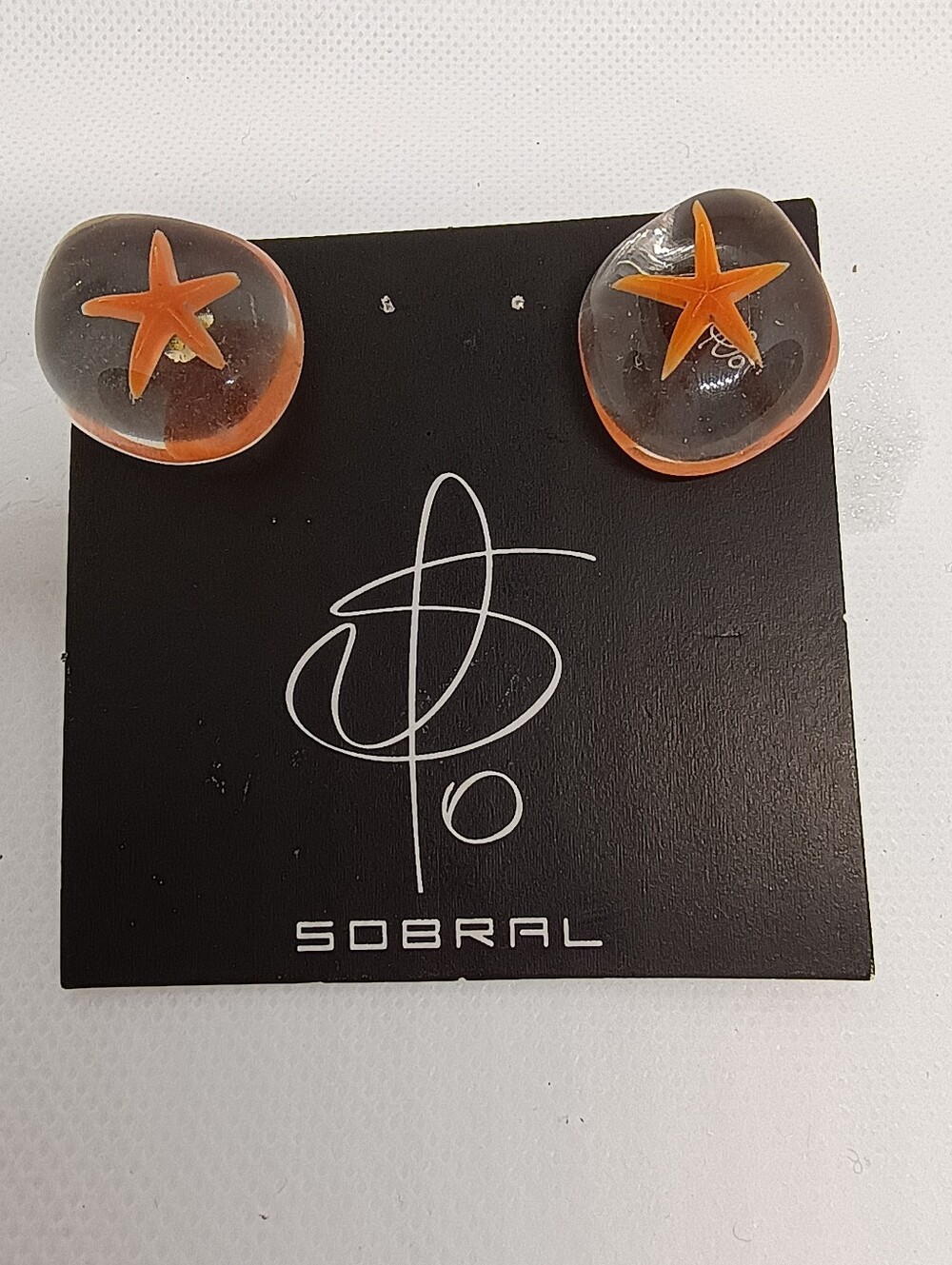Sobral Orange Starfish In Clear Resin Earrings Post Pierced Artist Made Signed